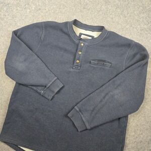 LL Bean Katahdin Iron Works Henley Mens XL Blue Fleece Lined Waffle Knit Heavy